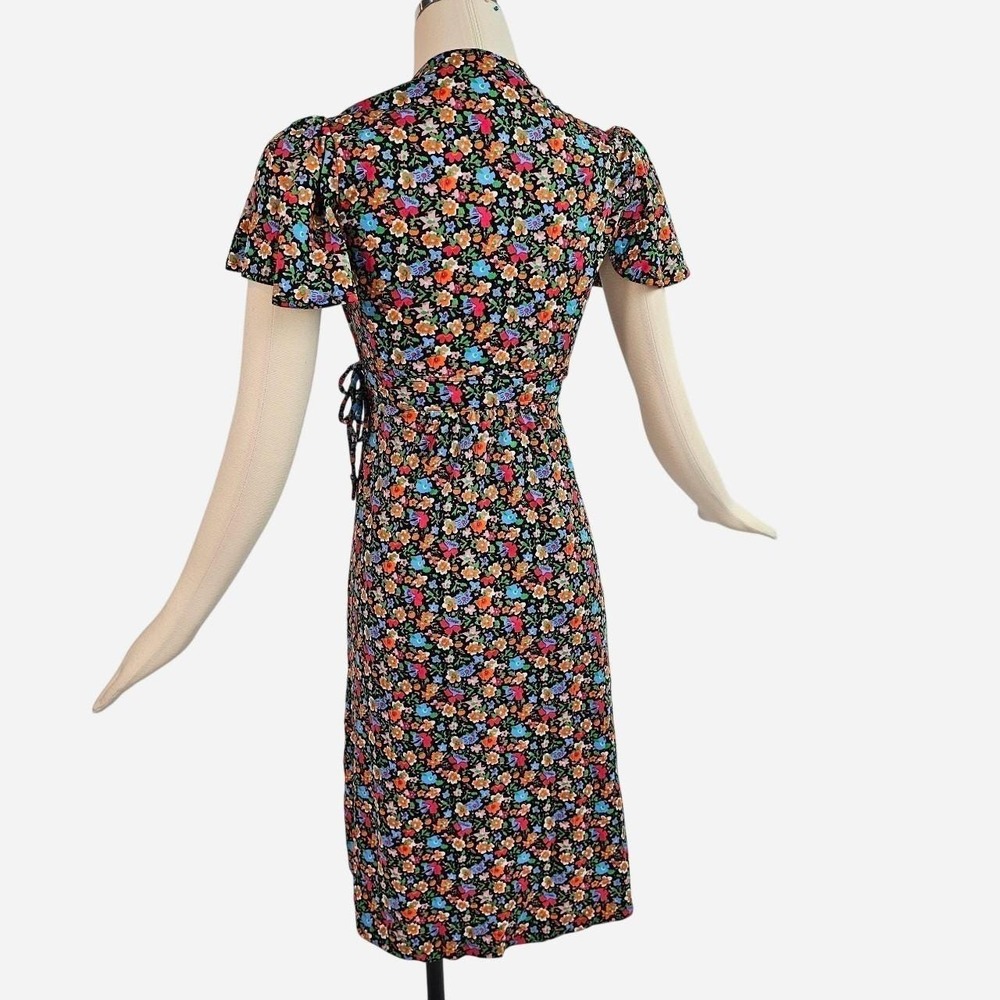 Vintage Rainbow Floral Wrap Dress w/ Tie Waist Fluttery Sleeve Black Gown V-neck - Picture 6 of 8